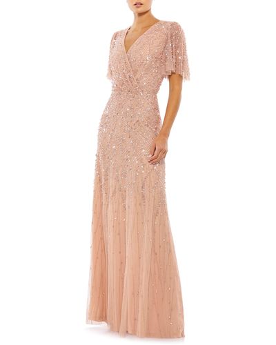 Mac Duggal Beaded Leaves Butterfly Sleeve Gown - Natural
