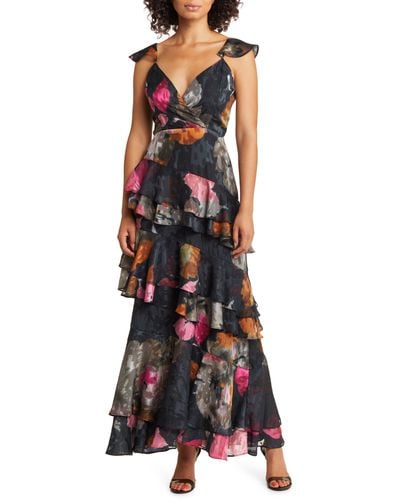 Hutch Miah Floral Tiered Ruffle Gown - Multicolor