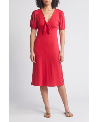 Loveappella Short Sleeve Tie Front Midi Dress - Red