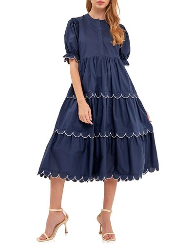 English Factory Contrast Scalloped Trim Cotton Midi Dress - Blue