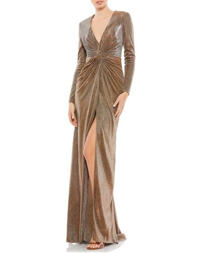 Mac Duggal Sparkle Twist Front Long Sleeve Gown - Natural