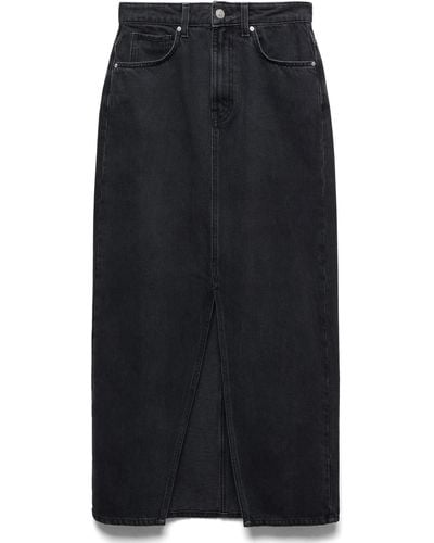 Mango Front Slit Denim Midi Skirt - Black