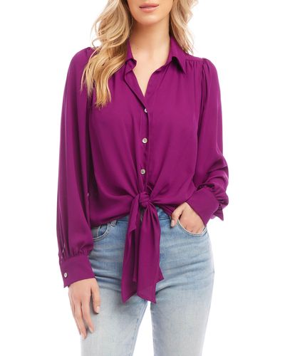 Karen Kane Tie Front Button-up Shirt - Purple