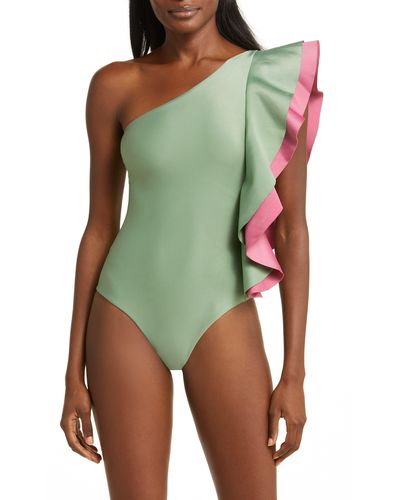 FARM Rio Ruffle One-shoulder One-piece Swimsuit - Green