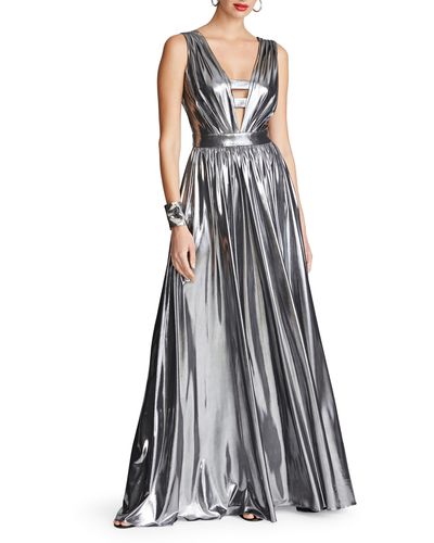 Halston Titania Foil Jersey Sleeveless Gown - Gray