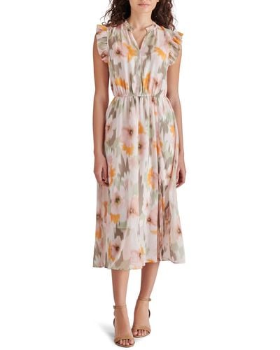 Steve Madden Allegra Blurred Floral Ruffle Midi Dress - Natural