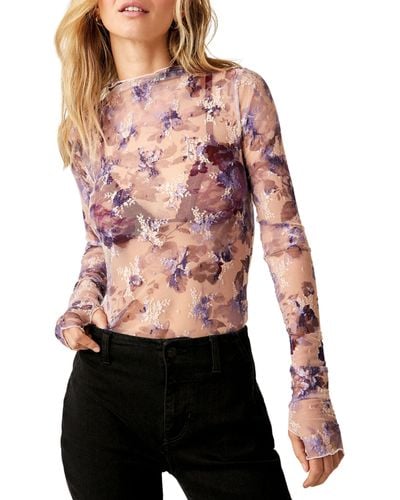 Free People Printed Lady Sheer Embroidered Long Sleeve Top