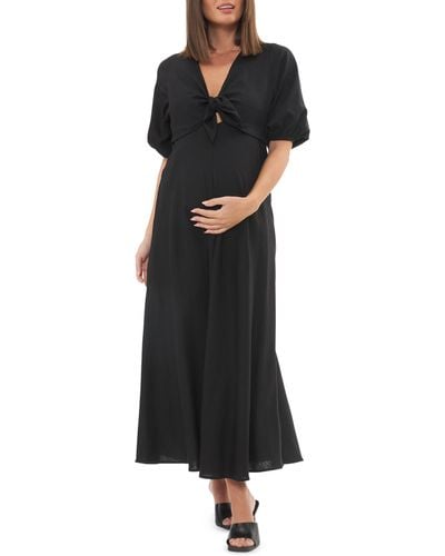 Ripe Maternity Camille Tie Front Linen Blend Maternity/nursing Dress - Black