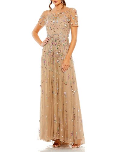 Mac Duggal Embellished Sequin Mesh Gown - Natural