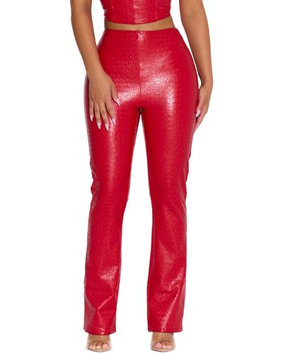 Naked Wardrobe Croc Embossed Faux Leather Bootcut Pants - Red