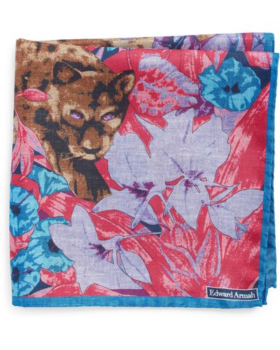 Edward Armah Leopard & Jungle Print Silk Pocket Square - Red