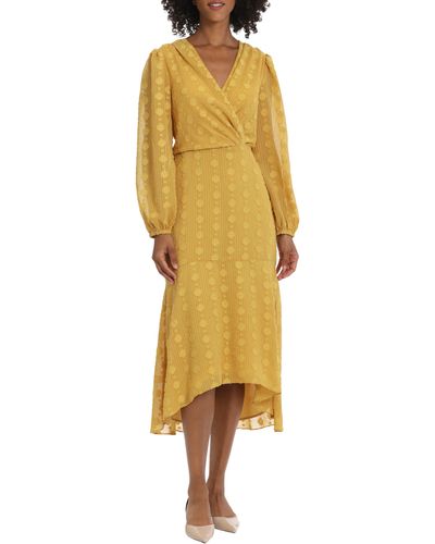 Maggy London Geo Jacquard Long Sleeve High Low Dress - Yellow