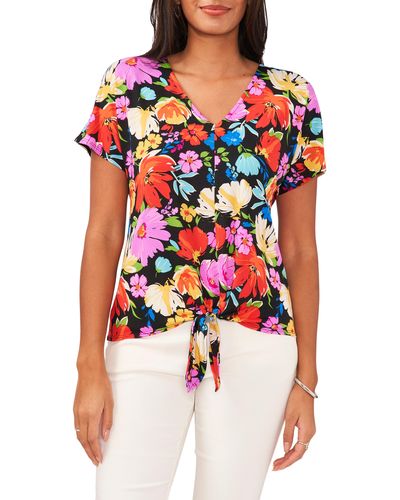 Chaus Floral V-neck Tie Front Top - Red