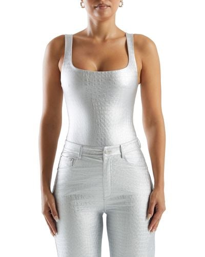 Naked Wardrobe The Crocodile Collection Croc Embossed Faux Leather Tank Bodysuit - White