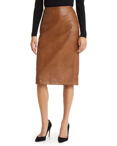 Anne Klein Croc Embossed Faux Leather Skirt - Brown