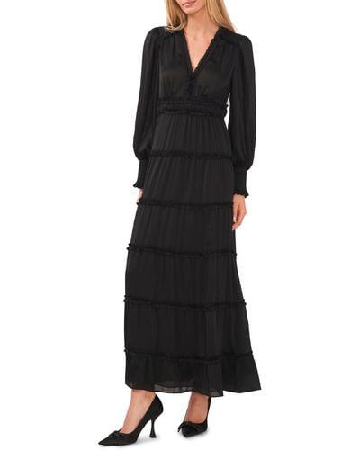Cece Ruffle Long Sleeve Satin Maxi Dress - Black