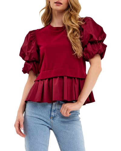 English Factory Puff Sleeve Mixed Media Top - Red
