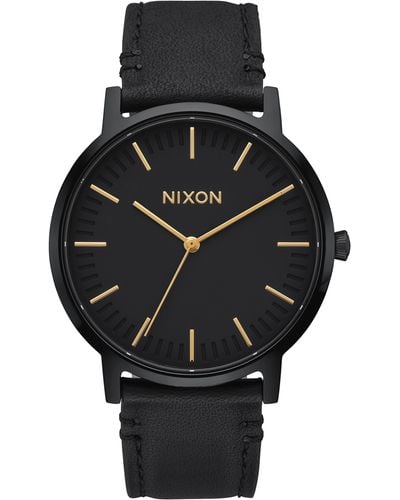 Nixon Porter Round Leather Strap Watch - Black
