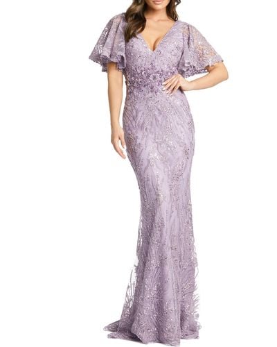Mac Duggal Sequin Butterfly Sleeve Lace Gown - Purple