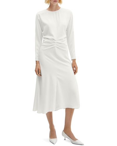Mango Ruched Long Sleeve Midi Dress - White