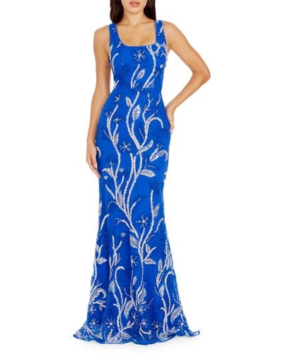 Dress the Population Tyra Beaded Floral Chiffon Mermaid Gown - Blue