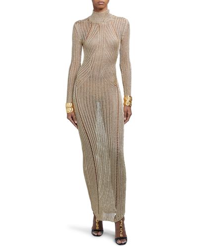 Tom Ford Long Sleeve Metallic Knit Gown - Natural