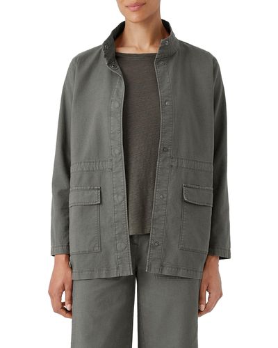 Eileen Fisher Stand Collar Organic Cotton Blend Jacket - Gray