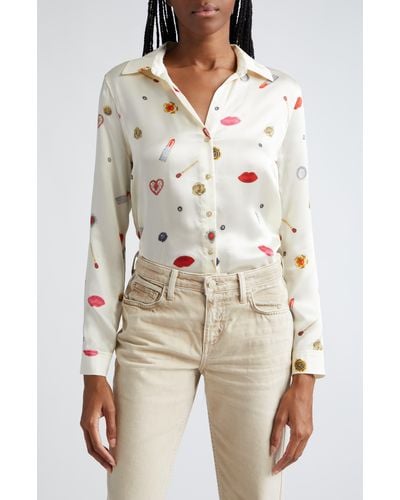 L'Agence Tyler Long Sleeve Silk Button-up Shirt - Natural