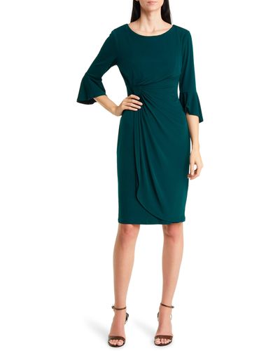 Connected Apparel Ruched Bell Sleeve Faux Wrap Cocktail Dress - Green