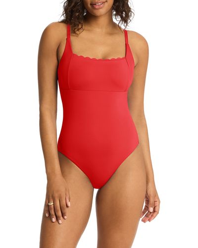 Sea Level Scalloped Square Neck One-piece Swimsuit - Red