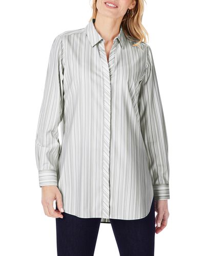 Foxcroft Vera Modern Mini Stripe Stretch Cotton Blend Shirt - Gray