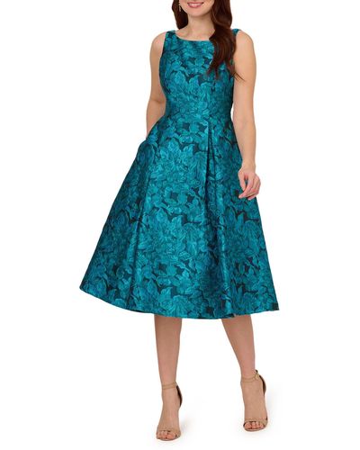 Adrianna Papell Floral Tapestry Fit & Flare Midi Cocktail Dress - Blue