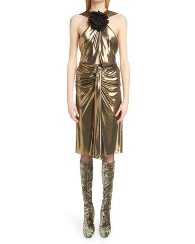 Saint Laurent Metallic Rosette Sheath Dress - Natural