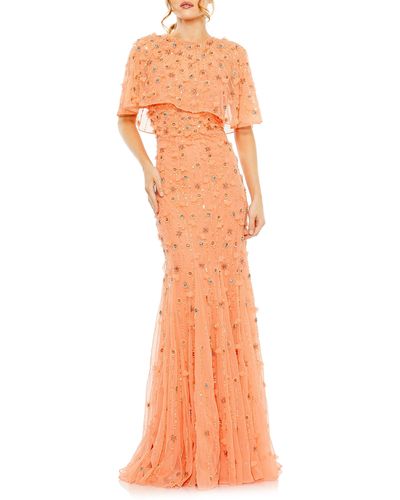 Mac Duggal Beaded Floral Appliqué Tulle Capelet Gown - Orange