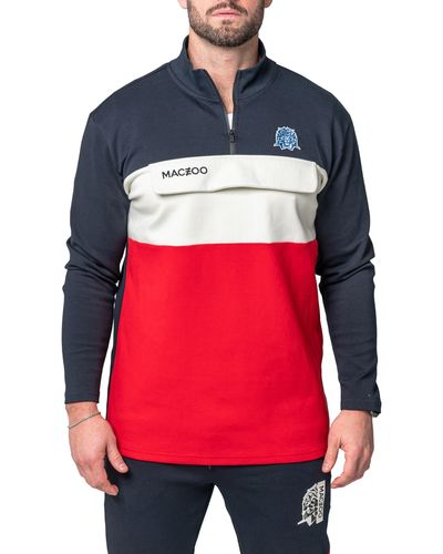 Maceoo Stealth Colorblock Half Zip Cotton Pullover - Red