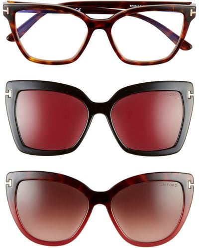 Tom Ford 53mm Blue Light Blocking Cat Eye Glasses & Interchangeable Sunglasses Clips Set - Red
