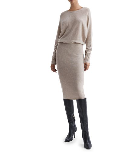 Reiss Leila Long Sleeve Blouson Knit Dress - Natural