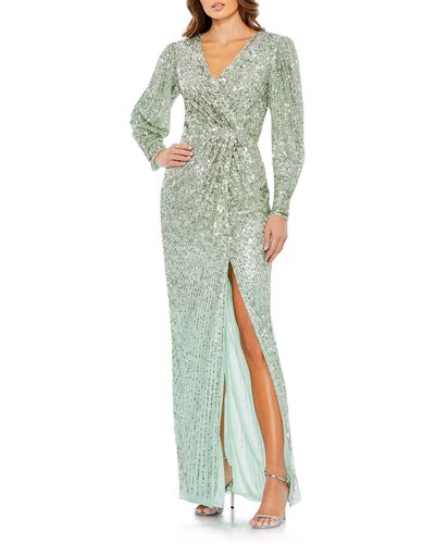 Mac Duggal Sequin Wrap Bodice Long Sleeve Gown - Green