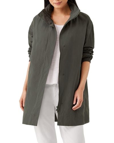 Eileen Fisher Stand Collar Hidden Hood Organic Cotton Blend Coat - Black
