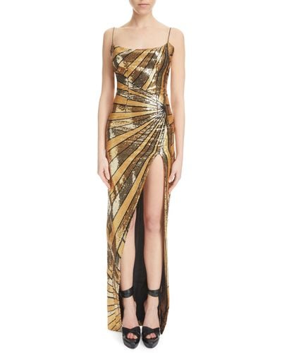 Balmain Mixed Sequin Stripe Side Slit Gown - Natural