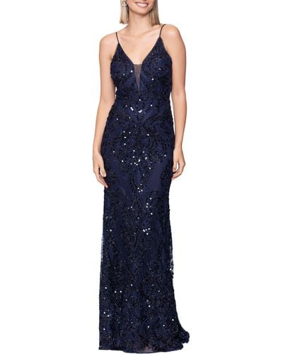 Betsy & Adam Illusion Sequin Coulmn Gown - Blue