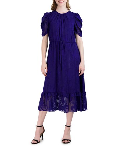 Julia Jordan Floral Puff Sleeve A-line Midi Dress - Blue