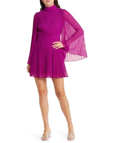 MILLY Rosemary Bell Sleeve Pleated Chiffon Dress - Pink