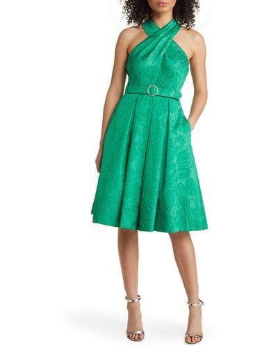 Eliza J Halter Neck Jacquard Cocktail Dress - Green