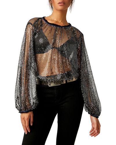 Free People Sparks Fly Sheer Sequin Top - Black