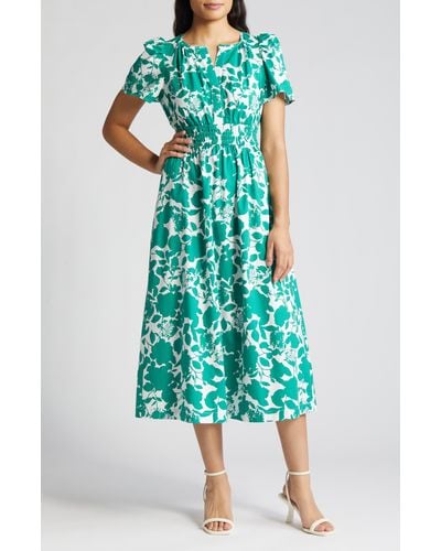 Anne Klein Floral Smocked Midi Dress - Green
