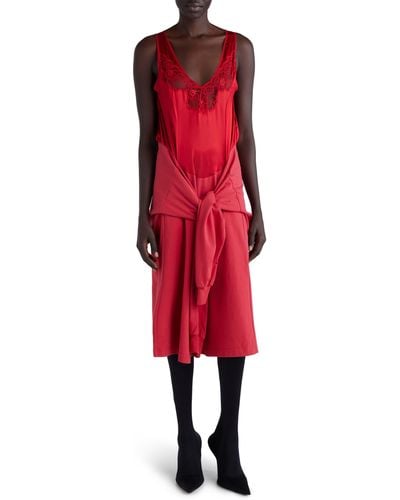 Balenciaga Hybrid Mixed Media Tie Waist Silk & Cotton Dress - Red