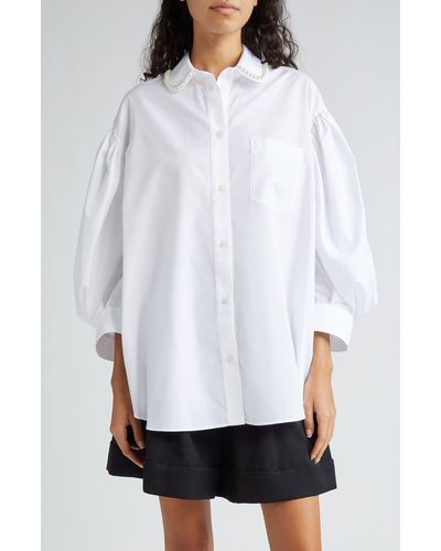 Simone Rocha Imitation Pearl Trim Oversize Cotton Poplin Button-up Shirt - White