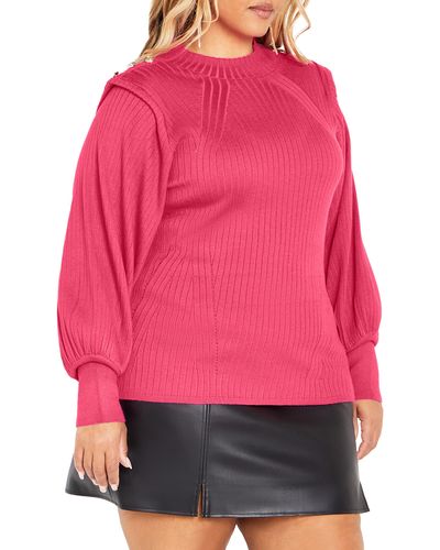 City Chic Isabella Rib Button Shoulder Sweater - Red