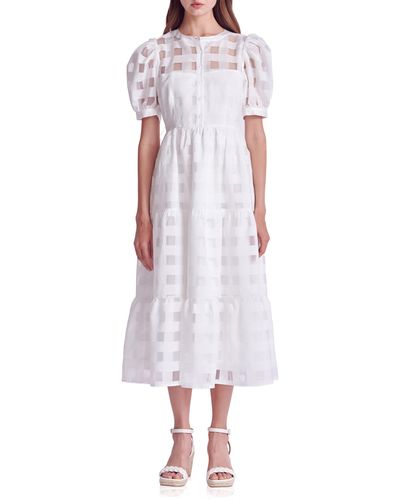 English Factory Check Puff Sleeve Belted Shirtdress - White